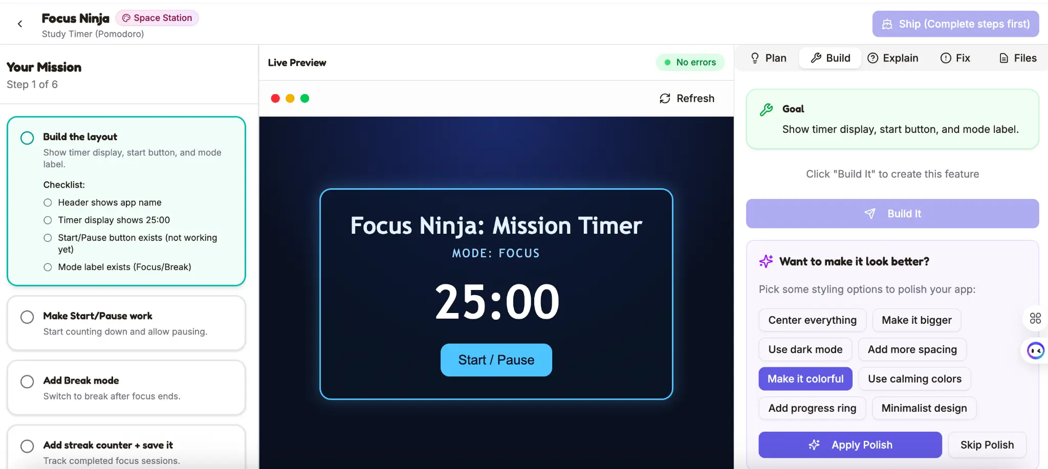 Narryo builder interface showing mission-based app creation